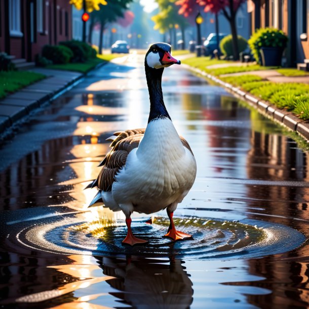 Uma foto de uma raiva de um ganso na poça