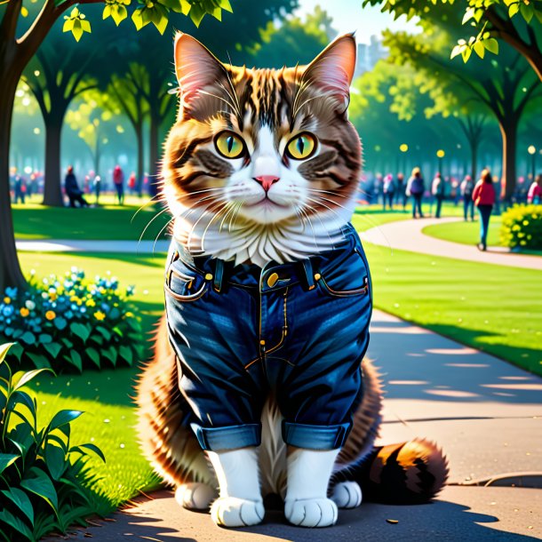 Ilustração de um gato em um jeans no parque