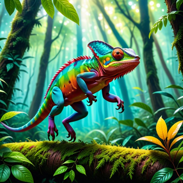 Image of a jumping of a chameleon in the forest