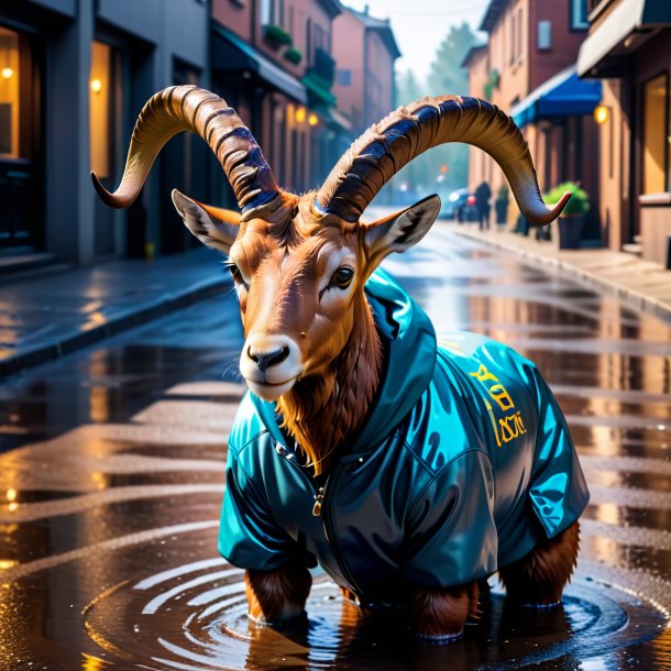 Foto de un íbex en una sudadera con capucha en el charco