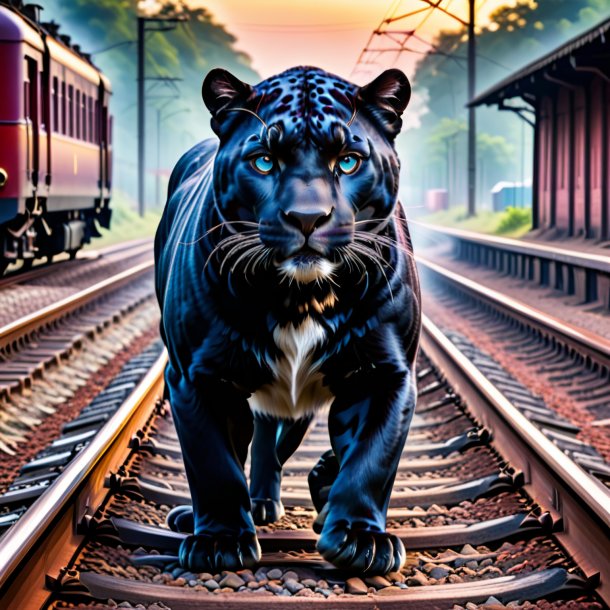 Picture of a panther in a belt on the railway tracks