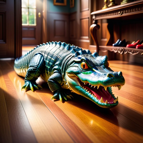 Image of a alligator in a shoes in the house