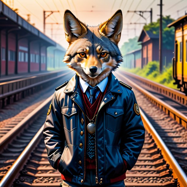 Photo of a jackal in a jacket on the railway tracks