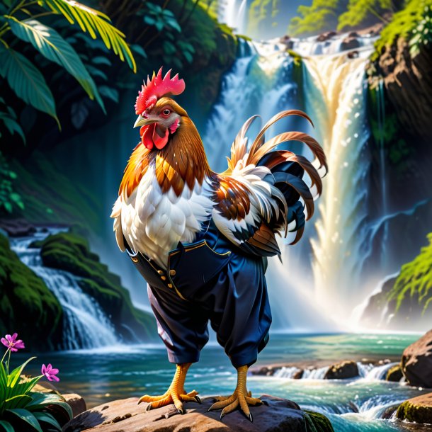 Picture of a hen in a trousers in the waterfall