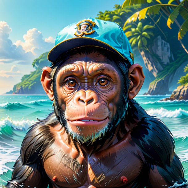 Drawing of a chimpanzee in a cap in the sea