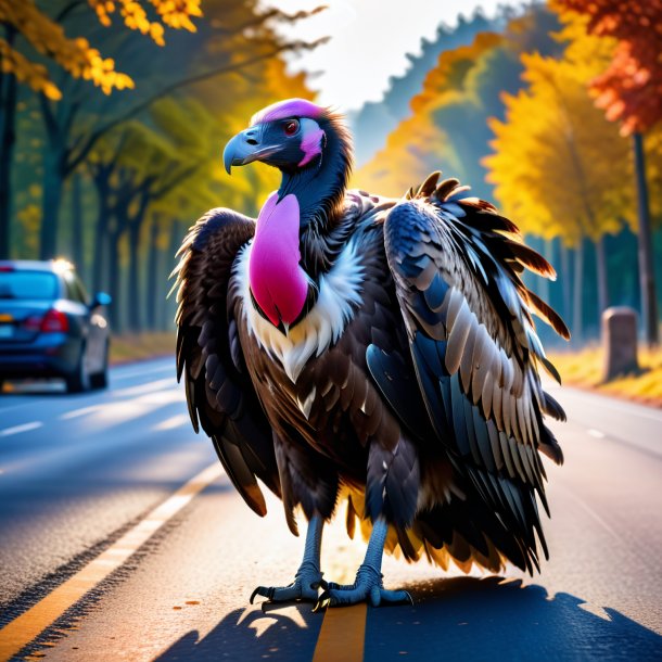 Image of a vulture in a coat on the road