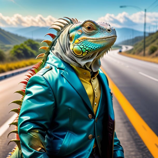 Photo of a iguana in a jacket on the highway