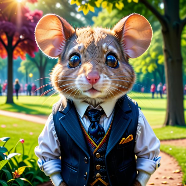 Photo of a mouse in a vest in the park