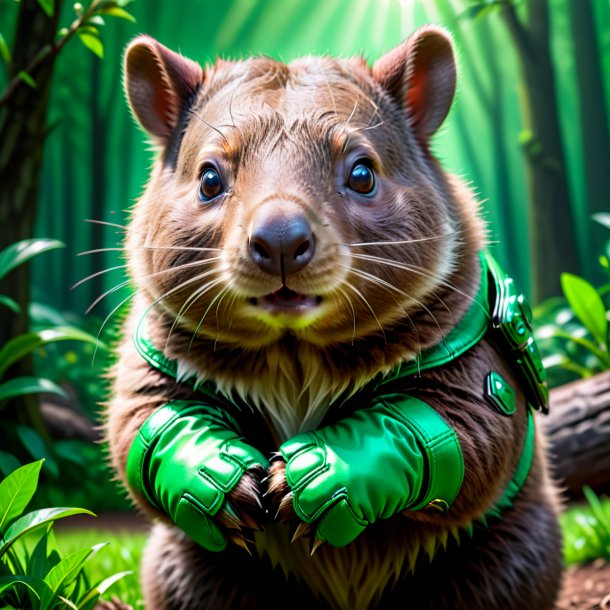 Foto de un wombat en guantes verdes