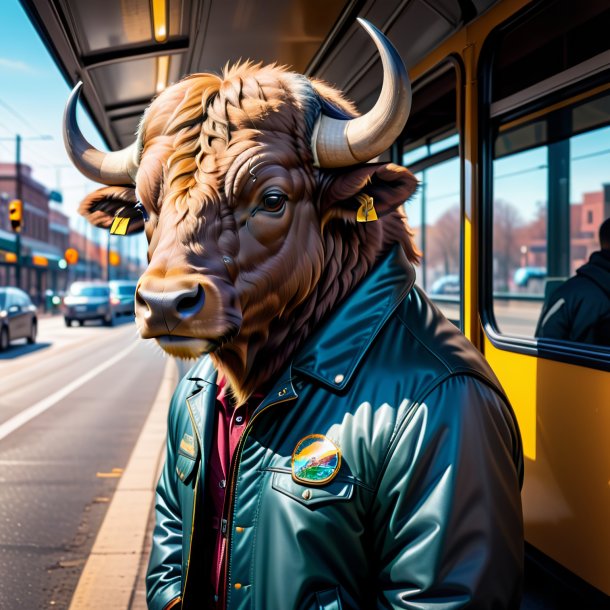 Foto de um búfalo em uma jaqueta no ponto de ônibus