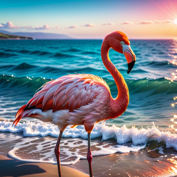 Foto de um flamingo em um suéter no mar