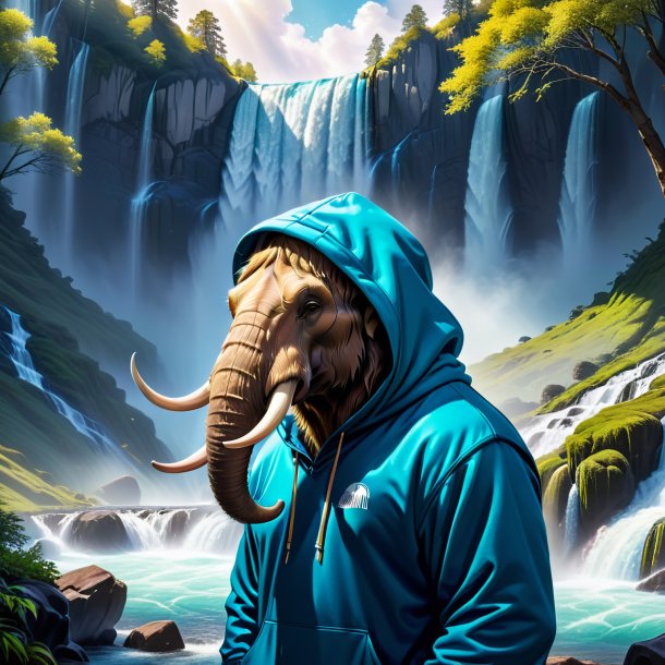 Drawing of a mammoth in a hoodie in the waterfall