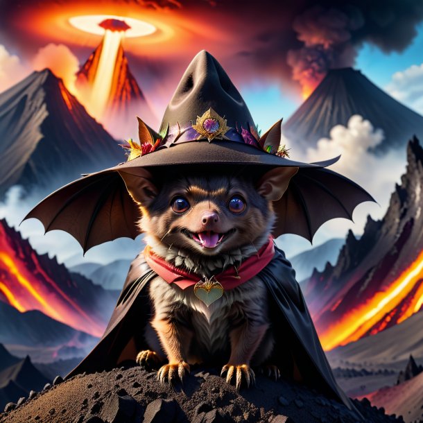 Photo of a bat in a hat in the volcano