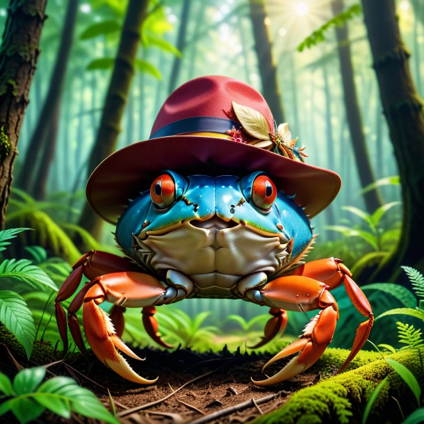 Picture of a crab in a hat in the forest