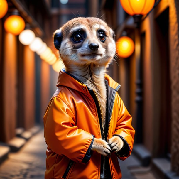 Foto de um meerkat em uma jaqueta laranja