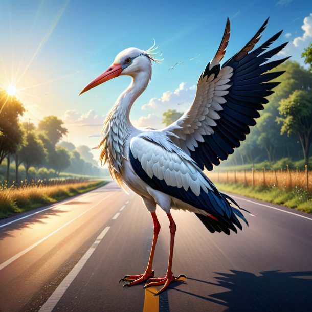 Illustration d'une cigogne dans une robe sur la route