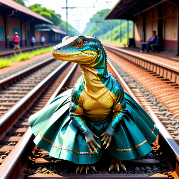 Drawing of a monitor lizard in a skirt on the railway tracks