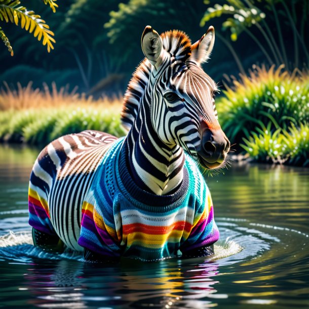 Foto de una cebra en un suéter en el agua