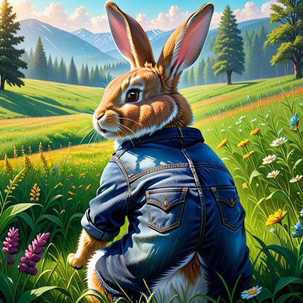 Dessin d'un lapin dans un jean dans la prairie