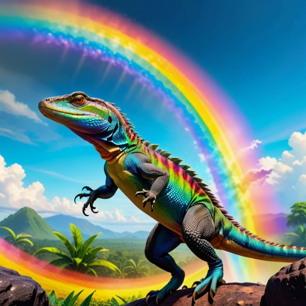 Picture of a jumping of a monitor lizard on the rainbow