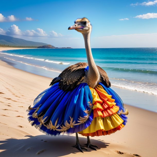 Foto de un avestruz en un vestido en la playa