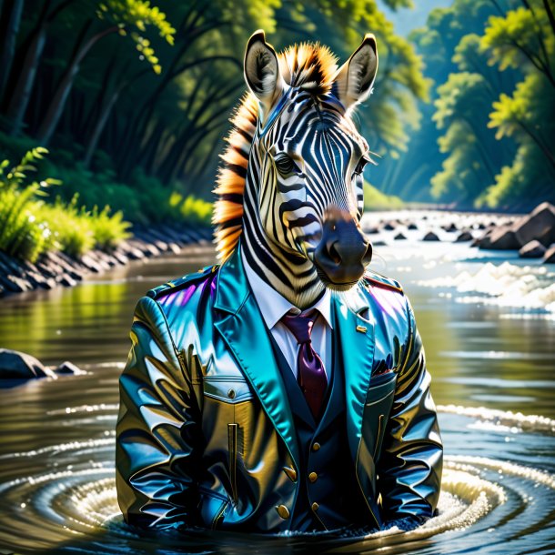 Imagem de uma zebra em uma jaqueta no rio