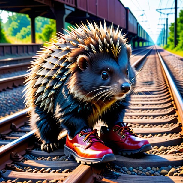 Foto de um porco-espinho em um sapato nos trilhos ferroviários