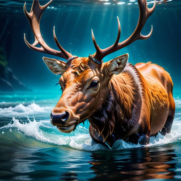 Imagen de un alce en guantes en el agua