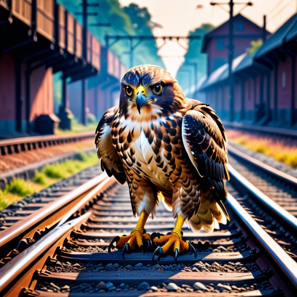 Imagem de um falcão em luvas nos trilhos ferroviários