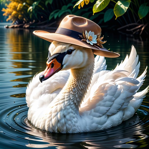 Imagem de um cisne em um chapéu na água