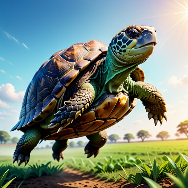 Image of a jumping of a tortoise on the field