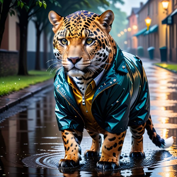 Picture of a jaguar in a jacket in the puddle