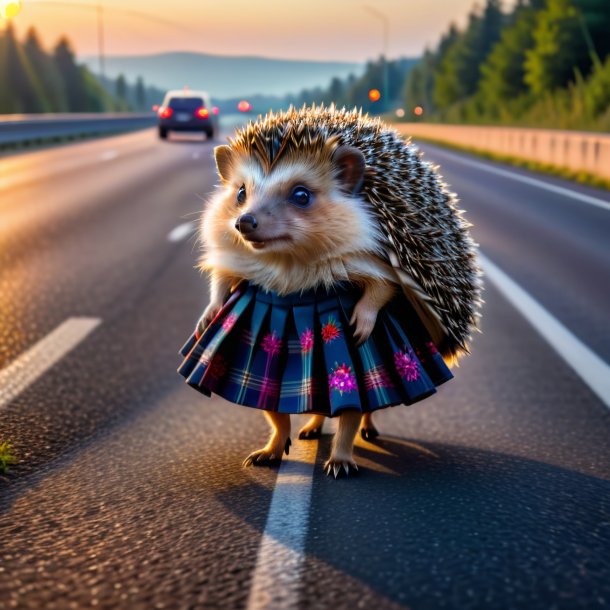 Pic of a hedgehog in a skirt on the highway