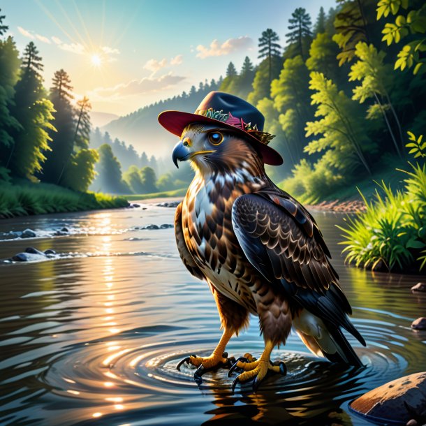 Illustration of a hawk in a hat in the river