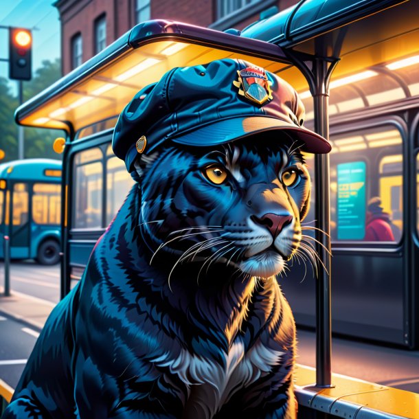 Illustration of a panther in a cap on the bus stop