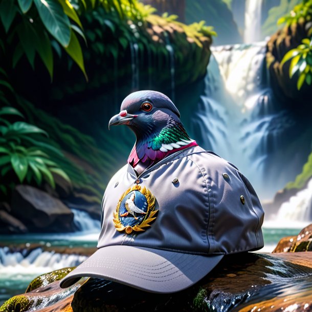 Imagem de um pombo em uma tampa na cachoeira