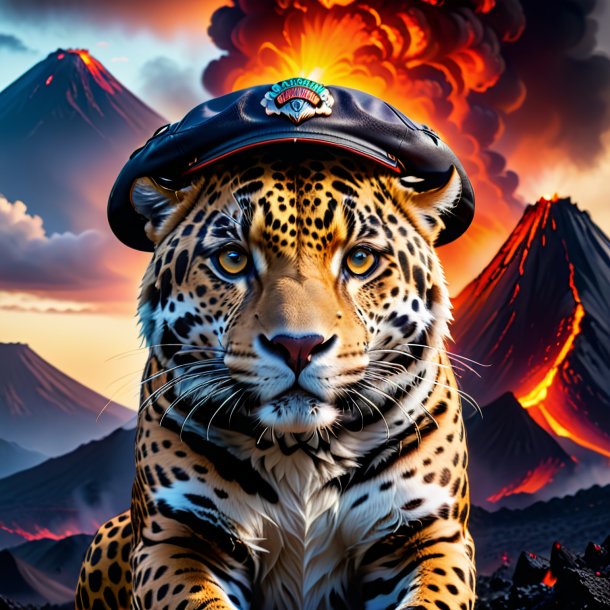 Image of a jaguar in a cap in the volcano