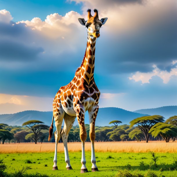 Image of a giraffe in a trousers on the field