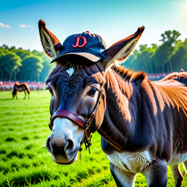 Imagem de um burro em um boné no campo