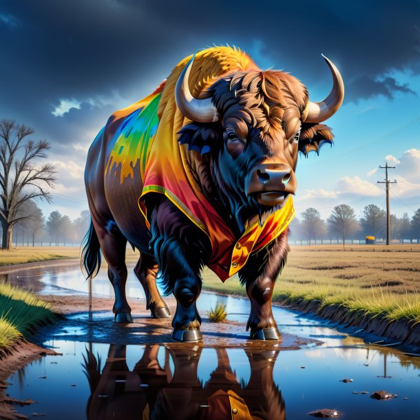 Drawing of a buffalo in a vest in the puddle