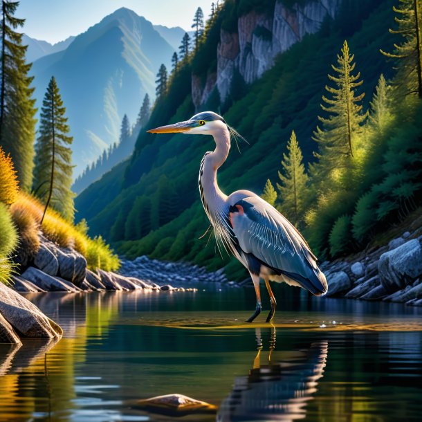 Pic of a swimming of a heron in the mountains