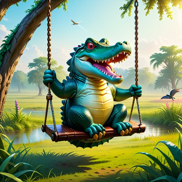 Image of a swinging on a swing of a crocodile in the meadow