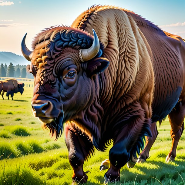 Imagen de un bisonte en un cinturón en el campo