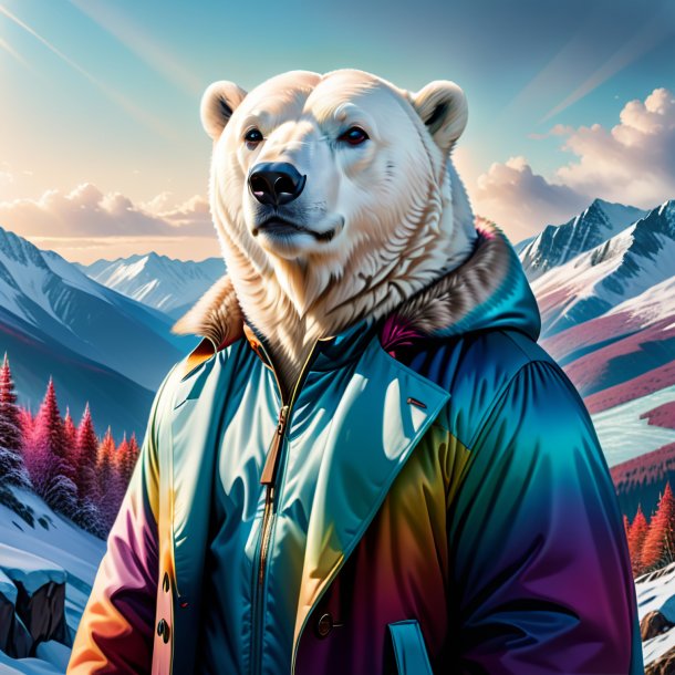 Illustration of a polar bear in a coat in the mountains