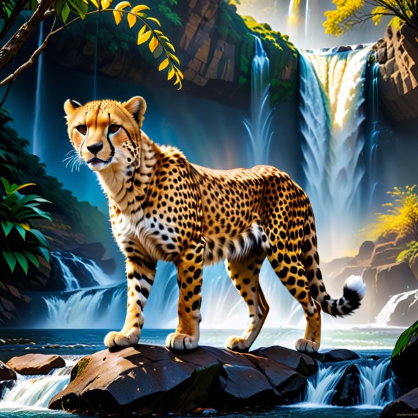 Picture of a cheetah in a jeans in the waterfall