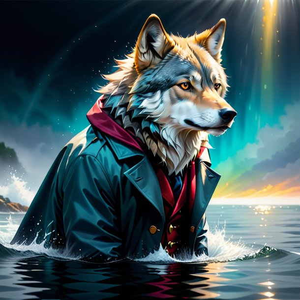 Drawing of a wolf in a coat in the water