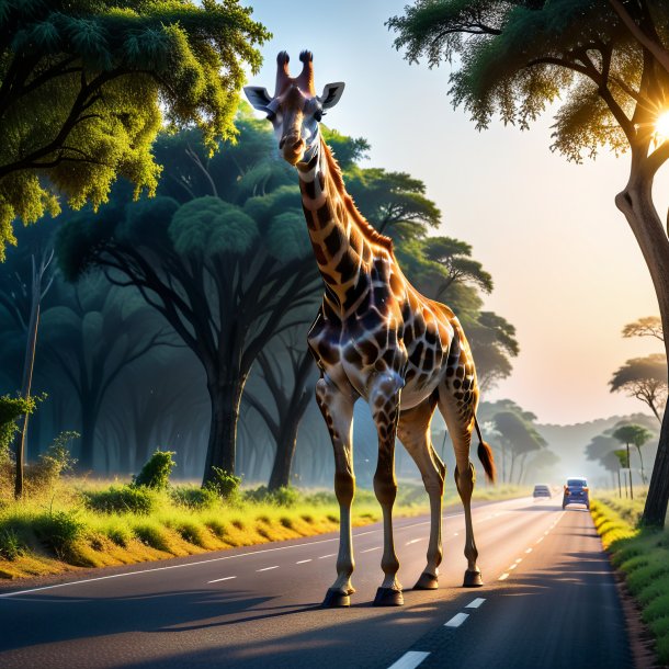 Photo of a eating of a giraffe on the road