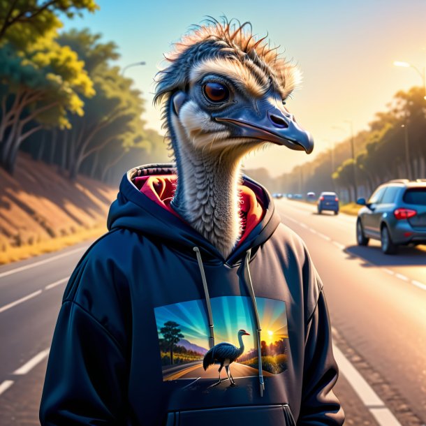 Drawing of a ostrich in a hoodie on the road