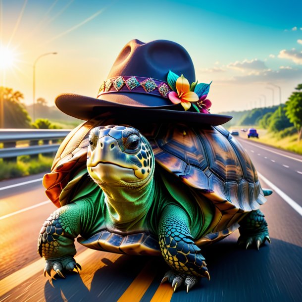 Photo of a tortoise in a hat on the highway