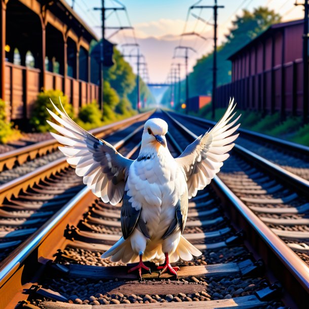 Imagen de una paloma en un suéter en las vías del tren